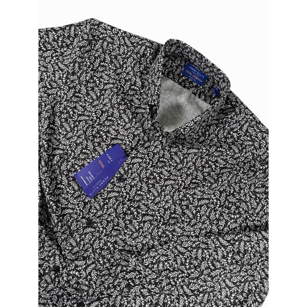 Perry Ellis NWT Stretch Slim Fit Dress Shirt Black Floral Mens M 15.5 32/33